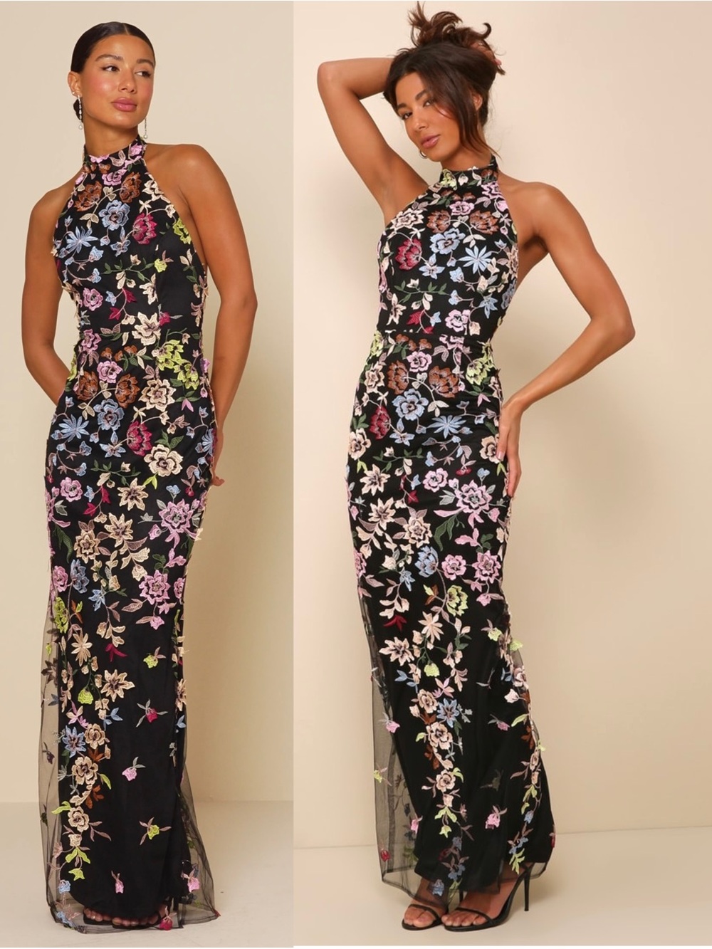 LULUS Floral Embroidered Mesh Halter Neck Open Back Dark Fairycore Dress M